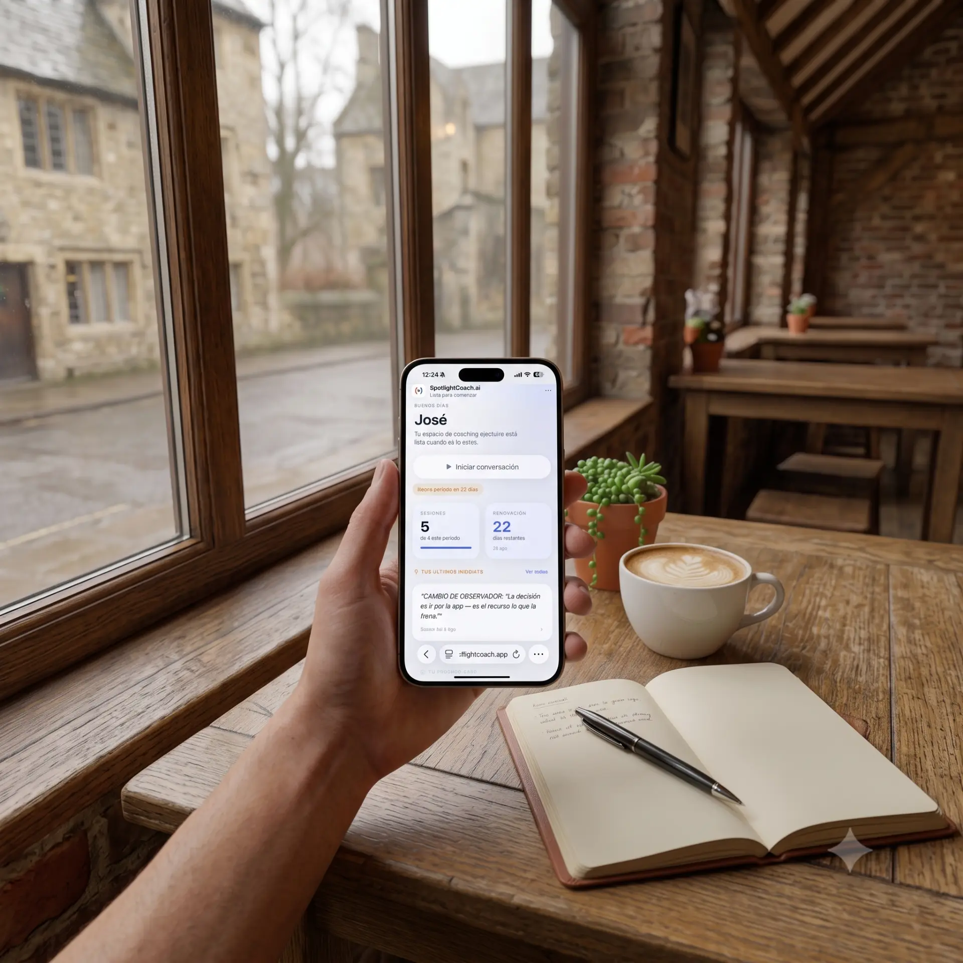 Persona usando SpotlightCoach.ai en su iPhone en una cafetería, junto a una libreta y un café
