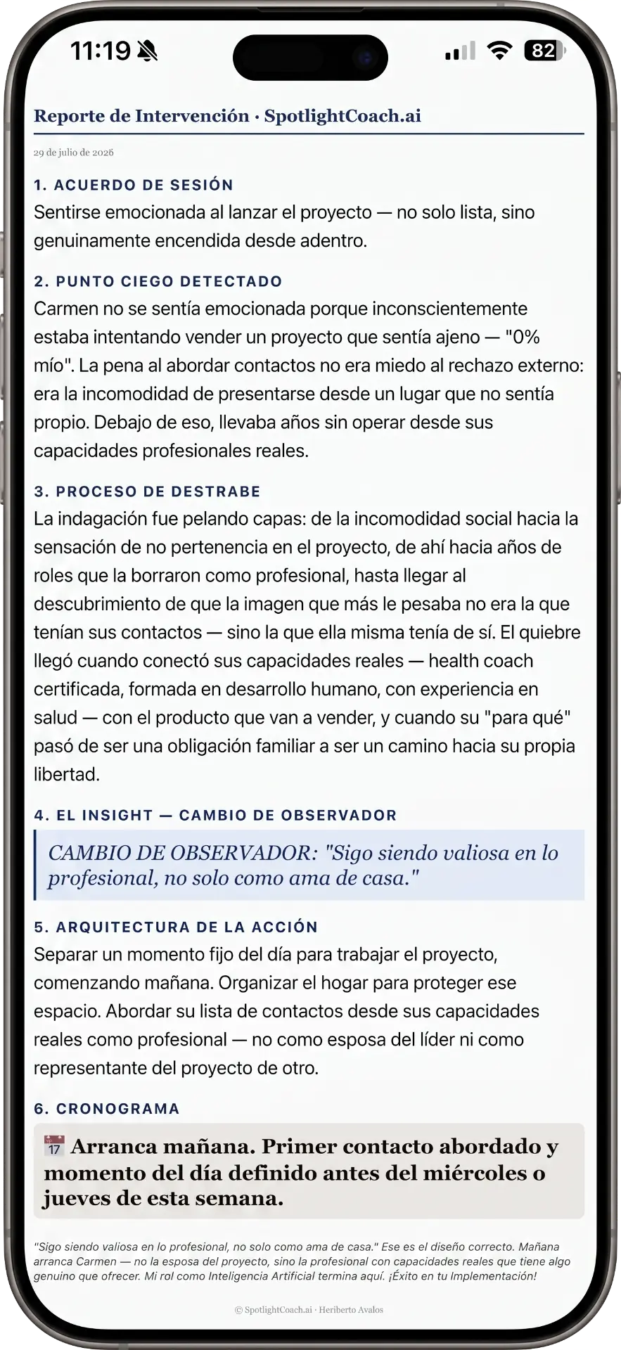 Reporte de Intervención de SpotlightCoach.ai en pantalla de iPhone