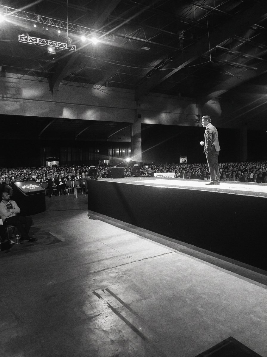 Heriberto Avalos en el escenario ante una gran audiencia, en blanco y negro